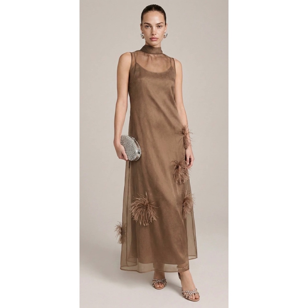 o.p.t One Pretty Time Brown Feather Maxi Dress Sheer Overlay Mock Neck Small